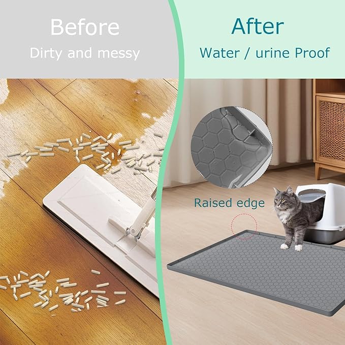 Cat Litter Mat, Silicone Large Cat Mat for Litter Box - 34x22 in, Waterproof & Non-Slip, Durable & Easy Clean, Grey