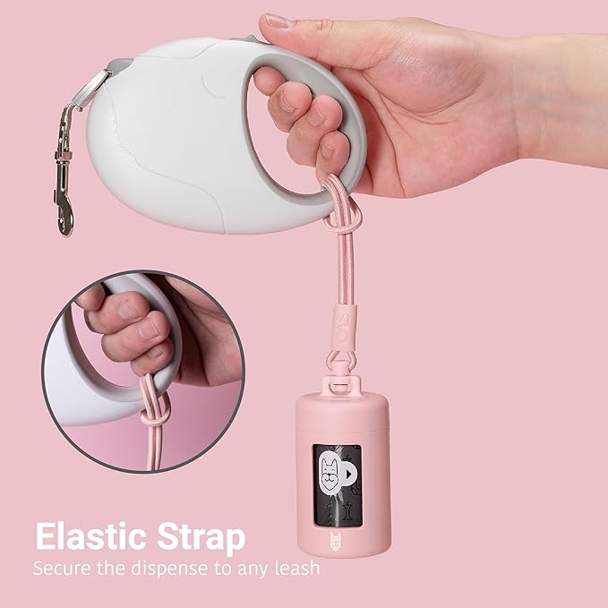 Retractable Dog Waste Bag Dispenser and Bag Holder Kit, Dog Poop Bag Dispenser, Retractable Waste Bag Dispenser, Lightweight Poop Bag Holder, Stretchy Strap Fits Any Dog Leash (Pink)