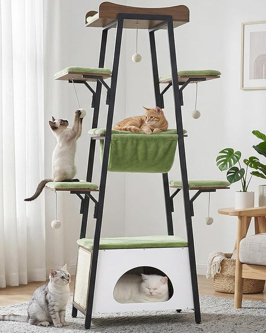 74-Inch Modern Cat Tree Tower for Large Cats, Multi-Level Cat Tower with Scratching Board, Large Perch, Hammock, Removable Pads, Green