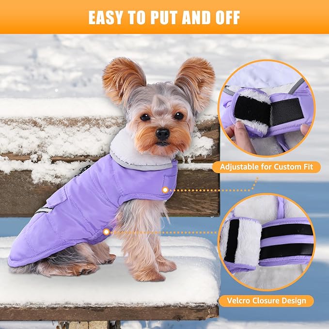 Dog Winter Coat for Extra Small Dogs, Easy on XS Dog Snow Jacket Velcro Waterproof Pet Puffer Clothes with Harness Hole Adjustable Reflective Quilted Dog Cold Weather Vest for Girl 8-12 Pounds