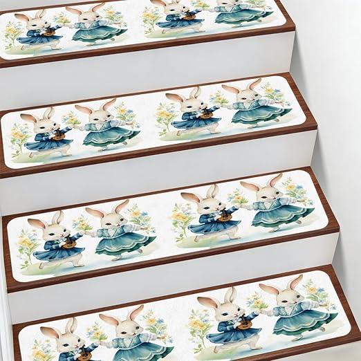 Animal Cute Rabbit Watercolor Stair Treads for Wooden Steps Indoor Washable Staircase Carpet 10PCS 30"x7.8" Stair Step Treads Non-Slip Staircase Covers Peel and Stick Safety Mat for Kids Elders Pets