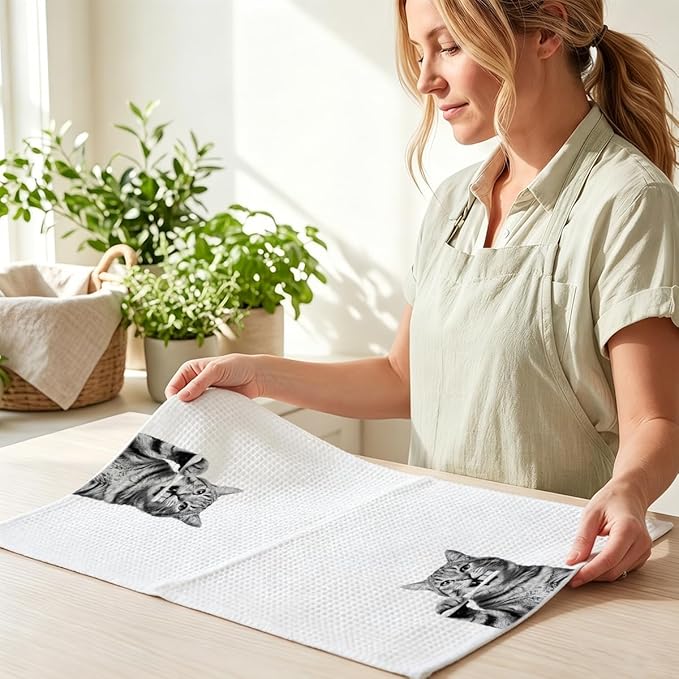 Hanamiya Na 2 Pcs Cute Cat Gifts Hand Towels 24x14 Inch, Funny Cats Gift Reusable Dish Towels for Kitchen Decor, Waffle Weave Absorbent Hand Cloth Tea Towel, Cat Lover Gifts for Women Mom Friend
