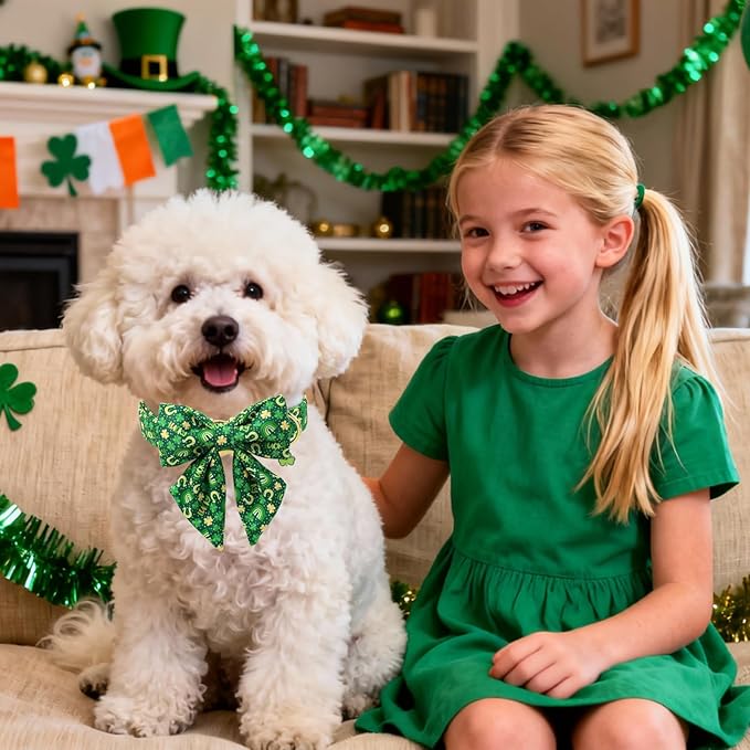 DOGWONG St. Patrick's Day Dog Collar with Sailor Bow Tie- Lucky Shamrock Bowtie Collar for Girl Boy Dog, Trefoil Dogs Collars Durable Adjustable, L
