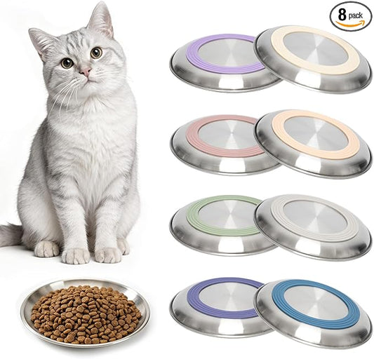 8 Pack Stainless Steel Cat Food Bowls, Cat Dishes Shallow Whisker-Friendly Metal Dishes with Non-Slip Silicone Bottom, Easy to Clean Indoor Feeding Bowls for Cats, Kittens & Small Dogs (6.7")