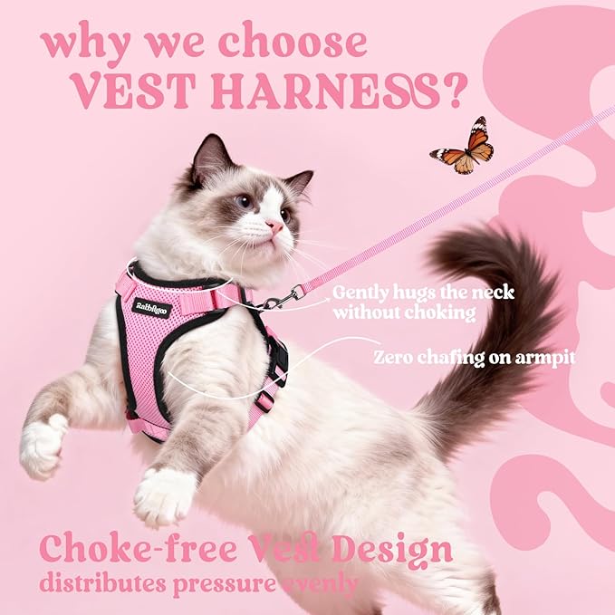 rabbitgoo Cat Harness and Leash Set, Escape Proof Vest Harness for Safe Outdoor Walks, Soft Breathable Adjustable Vest with Reflective Strips for Small and Average Cats, Pink, S