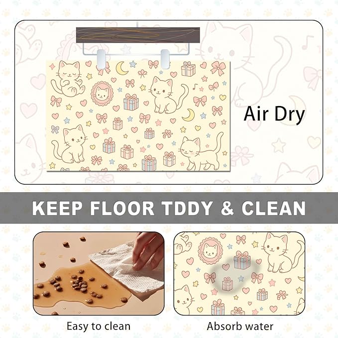 HOMETITUTE Cute Cat Pet Feeding Mat Adorable Kitten Food Placemat with Gift Bow and Star Print for Dogs and Cats Sweet Non Slip Mat for Dog Cat Food and Water Bowls Home Kitchen Decoration 20" x 12"