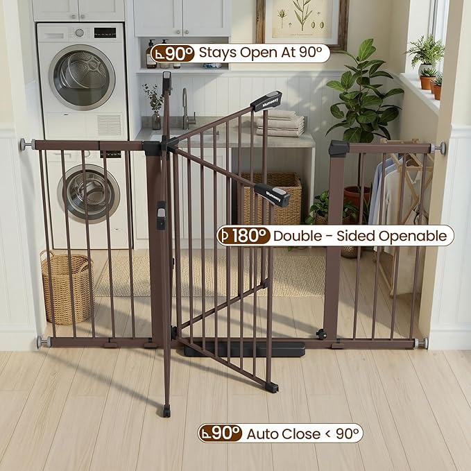 Mumeasy 29.7-57" Extra Wide Baby Gate, Auto Close Large Dog Gate for Doorways, No Drilling Pressure Mounted Pet Safety Gate for Stairs, Easy Walk Through Child Gate for Hallways, House, Indoor, Brown