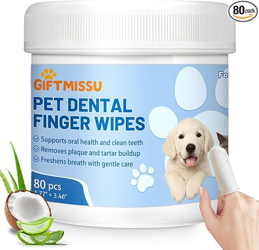 80 Counts Pet Dental Finger Wipes for Dogs and Cats - Disposable Dog Teeth Cleaning Wipes for No-Rinse Daily Oral Care, Pet Tooth Cleaning Wipes