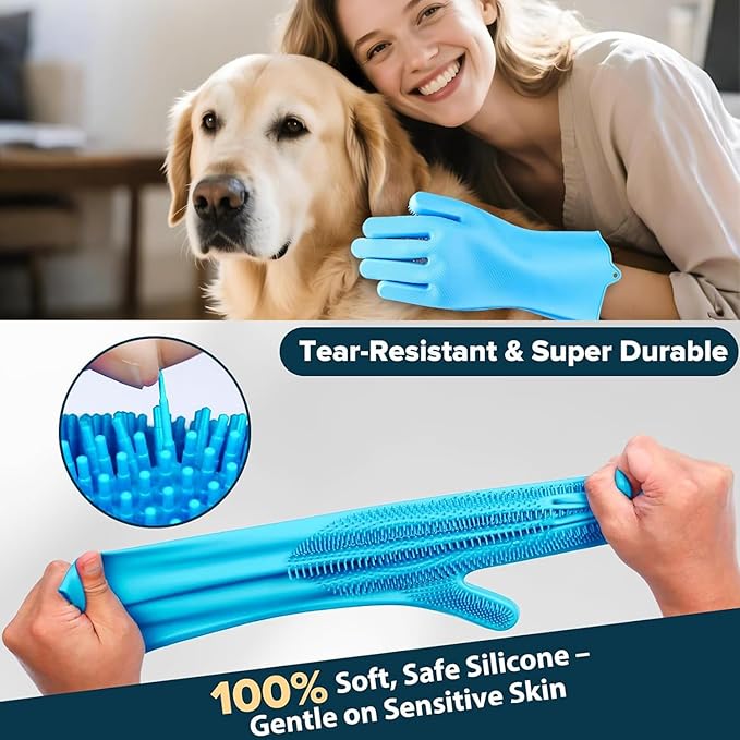 Pet Republique Silicone Bathing Gloves for Dogs, Cats, & Most Animals – Long Sleeve Grooming Glove with Foam Scrubbing Bristles