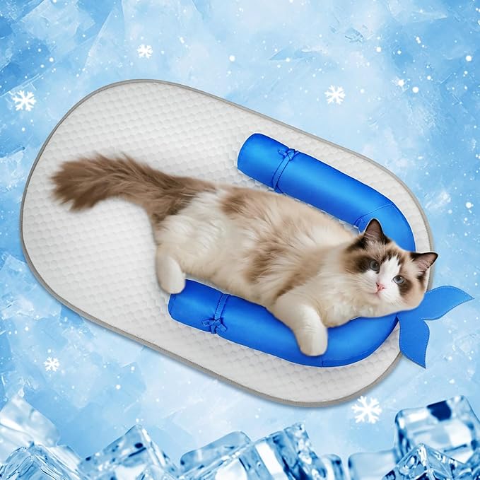 Cat Cooling Mat with Soft U-Shaped Pillow– Breathable Calming Cooling Pad for Cats– Portable Washable Summer Cooling Cat Bed for Indoor Or Travel Use,Blue Shark