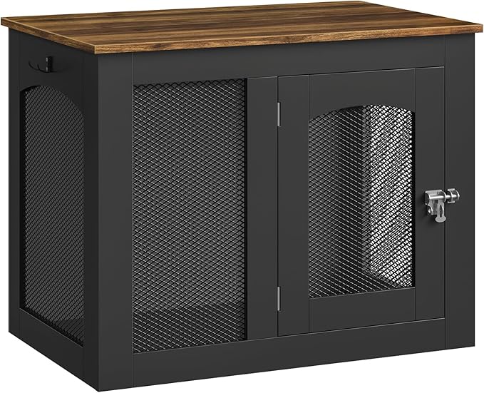 CHOEZON Wooden 30.1" Dog Crate Furniture, Farmhouse Pet Cage End Table with Secure Lock, Ventilated Mesh for Medium Dogs, Dog Kennel Furniture for Living Room, Bedroom, Black and Walnut MGW02BL