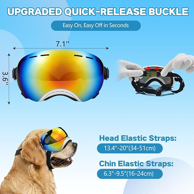 Dog Goggles for Medium to Large Breeds, Stylish Pet Sunglasses with Rainbow PC Lens, Soft TPU Frame & Adjustable Straps, Windproof Dustproof UV Protection Eyewear for Outdoor Riding Hiking (White)