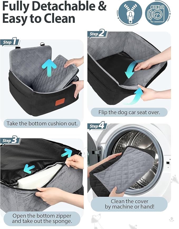 WOOAIDAGG Dog Car Seat for Small Dogs Under 30lbs, Comfy & Safe Travel Bed with Washable Cover, 2 Clip-On Safety Leashes and Pockets, Anti-Slip Base, Easy to Install(Black/Grey)