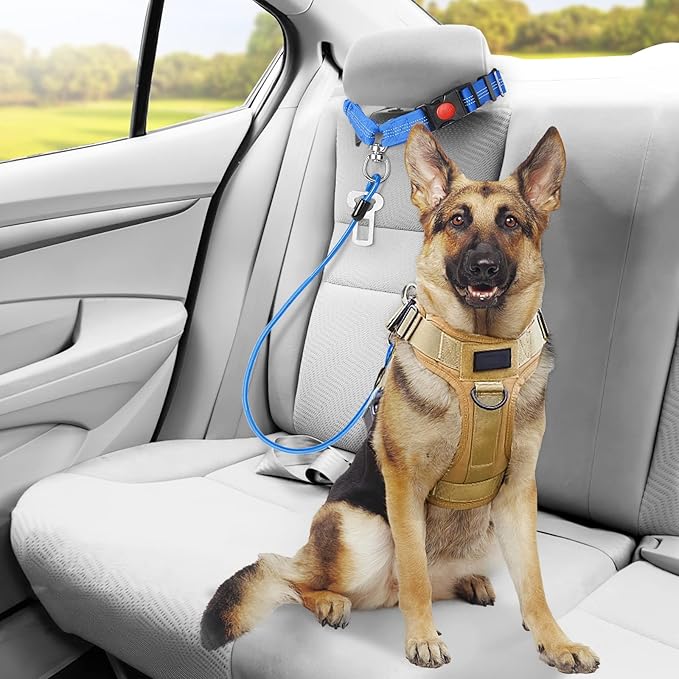 Chew Proof Dog Car Seat Belt, 2 in 1 Steel Cable Dog Car Accessories Headrest Restraint Doggie Car Seatbelt for Medium Large Dogs Chewer Heavy Duty Doggie Seatbelts for Cars Swivel Attach