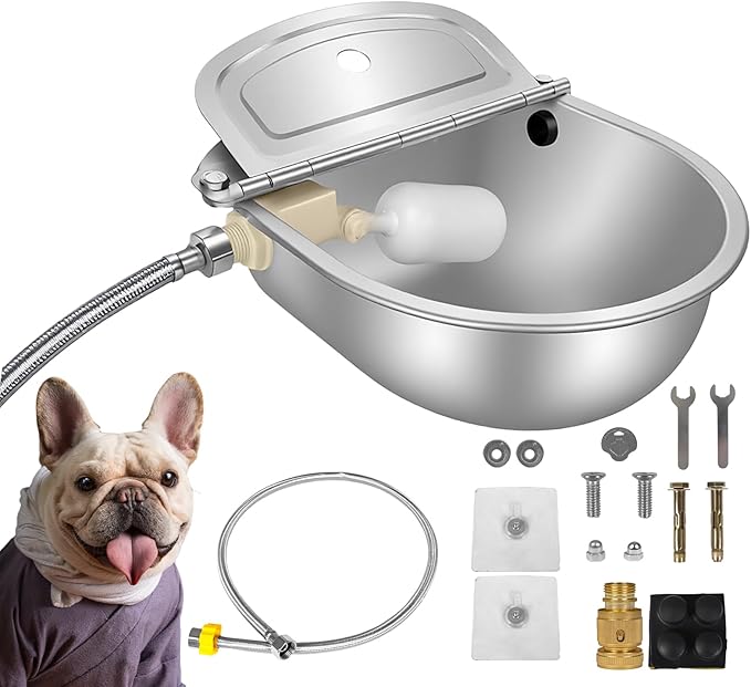 Automatic Pet Water Bowl with Float Valve, 304 Stainless Steel, Includes Bowl, Valve, 40" Hose, Adapters, Bolts, Wrench, Fits 1/2" & 3/4" Faucets, for Dogs/Livestock, Drain Hole