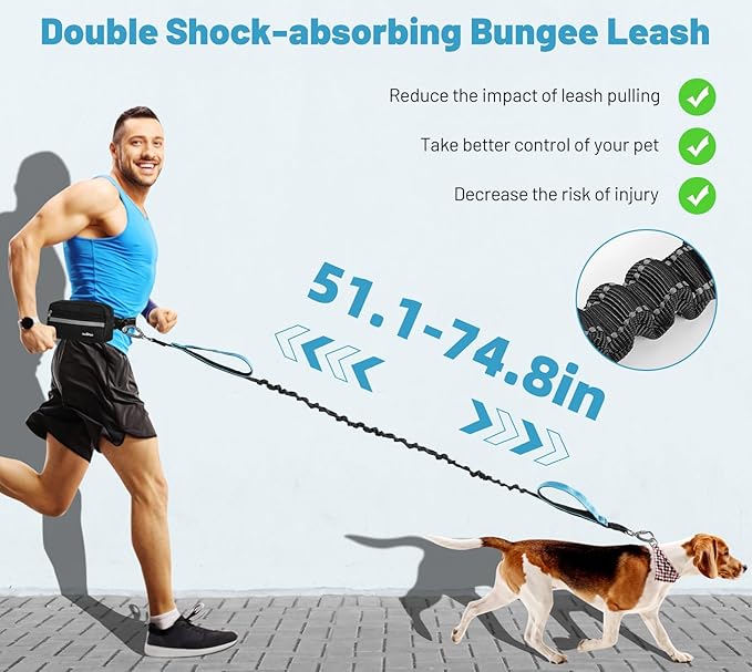 VavoPaw Hands Free Dog Leash with Pouch, Waist Leash for Dog Walking, Jogging, Hiking, Retractable Leashes with Dual Padded Handles, Adjustable Reflective Belt for Small, Medium, Large Dogs