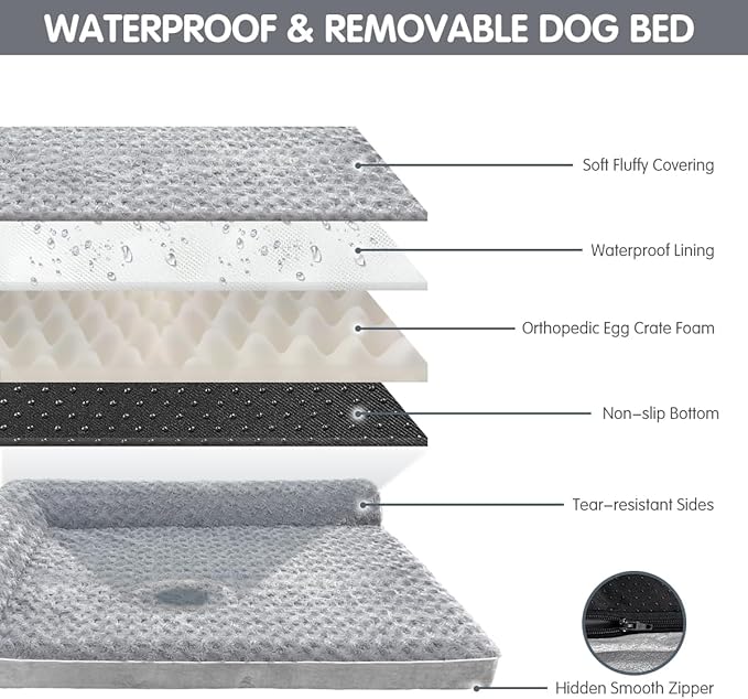 Orthopedic Dog Bed with Pillows,Large Memory Foam Dog Bed Sofa for Medium Large Dogs,Waterproof Washable Cover, Non-Slip Bottom,42x30x7.5Inch Supportive Pet Bed Couch,Light Grey