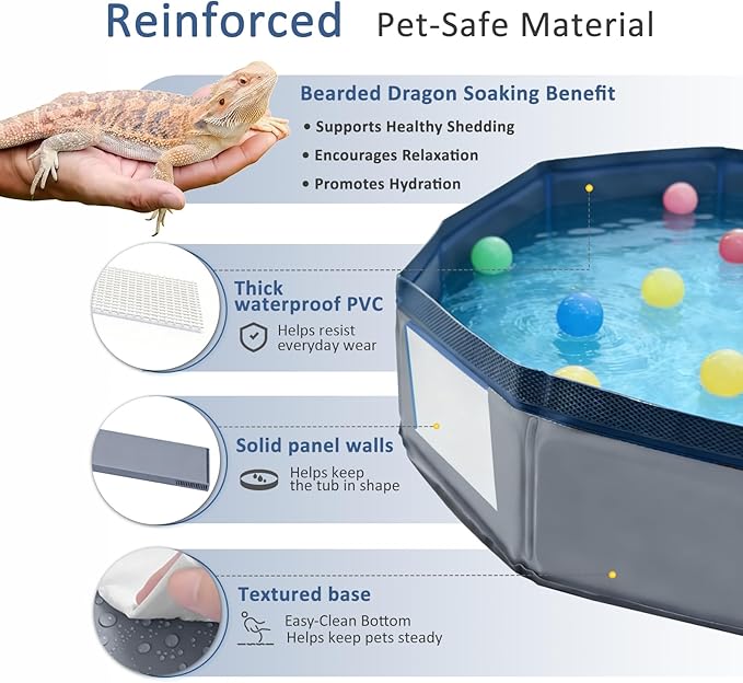 Eooqi Foldable Bearded Dragon Bathtub, Collapsible Reptile Bath Pool & Small Pet Water Tub, Portable Hard-Side Reptile Swimming Pool for Bearded Dragons, Hedgehogs and Hamsters (Gray, 19 x 3.5 in)