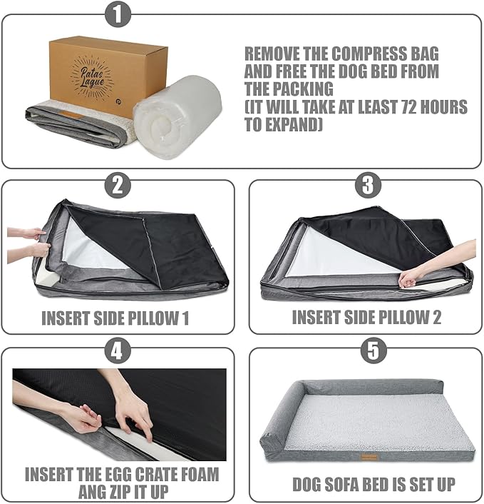 Patas Lague Orthopedic Dog Bed Medium Size Dog 30''X20'', Waterproof L Bolster Medium Pet Sofa Beds with Removable Washable Cover, Soft Comfortable Pet Couch Crate Mat with Nonskid Bottom, Black