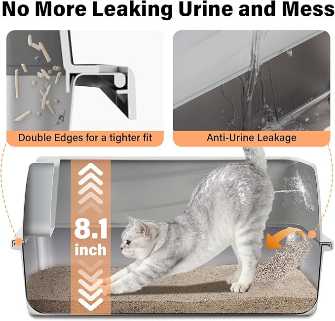 Stainless Steel Litter Box with Lid,Metal Kitty Litter Box for Small to Medium Cats,Low Entry Cat Litter Box with Scoop and Mat,Non-Stick,Anti-Leakage,Easy to Clean