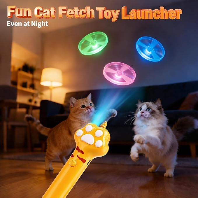 BABORUI Cat Toy Disc Launcher, Rechargeable Interactive Cat Fetch Toy Launcher with 16 Flying Discs, Flying Enrichment Toys for Indoor Bored Kittens & Adult Cats (Yellow+White)