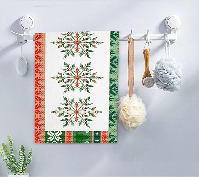 2 PCS Merry Christmas Hand Towels Soft Microfiber Green and Red Snowflake Xmas Trees Kitchen Towel for Bathroom Yoga Gym Winter New Year Decorative Towels 13.8"X29.1"