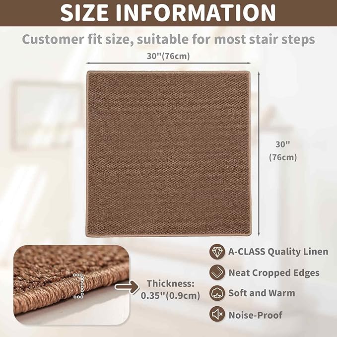 Brakki Bullnose Carpet Stair Treads, Non Slip Landing Mat for Wooden Steps Indoor, Soft Stair Rugs for Pets, Indoor Doormat for Kitchen Bathroom, Washable, 30"x30" 1pc, Brown