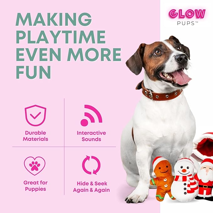 Glow Pups Christmas Stocking Hide and Seek Dog Toy, Interactive Plush Santa, Snowman, Gingerbread Man, Crinkle and Squeak, Holiday Burrow Toy for Small Medium Dogs, Red Plush Christmas Snowflake