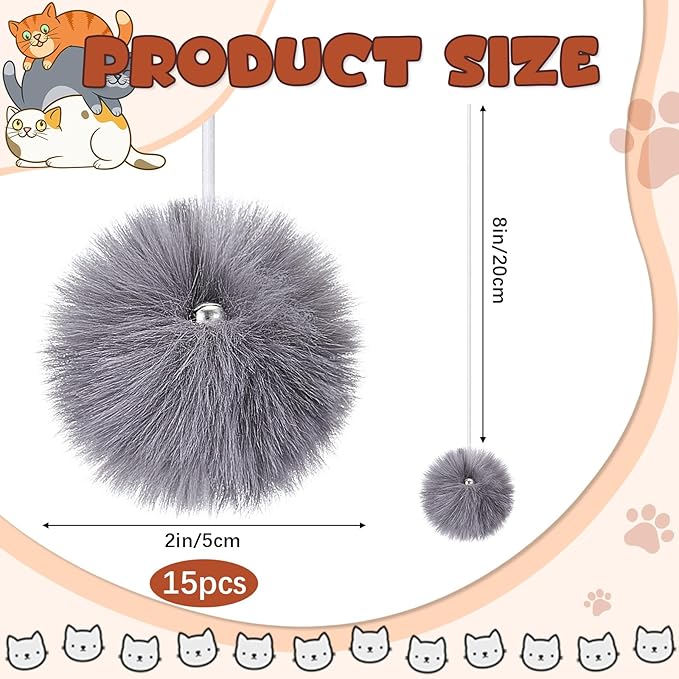 Simgoing 15 Pack Cat Tree Ball Replacement Parts Hanging Interactive Cats Toy with Bell Elastic Rope Pom Pom Kitten Scratching Post Tree Tower Parts Ball Fit Most Cat Towers Indoor Kitten(Gray)