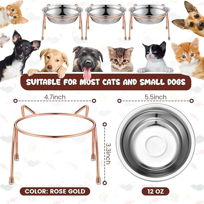 6 Sets Stainless Steel Elevated Cat Bowls 5.5 Inch Wide Raised Cat Bowls with Metal Stand Stress Free Elevated Shallow Water Dish Indoor Kitten Feeding Dish to Prevent Fatigue, 12 oz