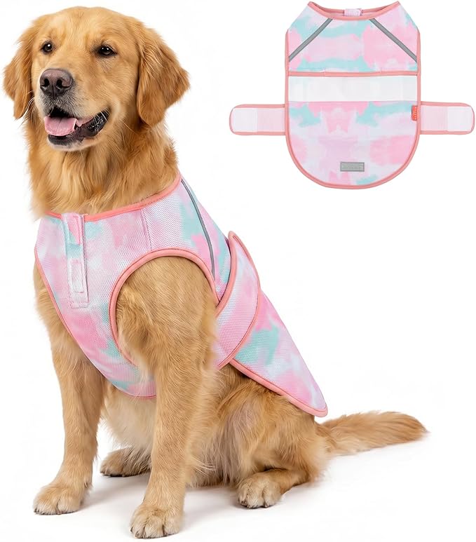 KYEESE Dog Cooling Vest, Lightweight Dog Cooler Jacket, 3D Breathable Mesh Pet Cooling Shirts for Summer with Reflective Stripe, Sun Protection Pet T Shirt for Beach, Hiking, Walking, Pink, 2XL