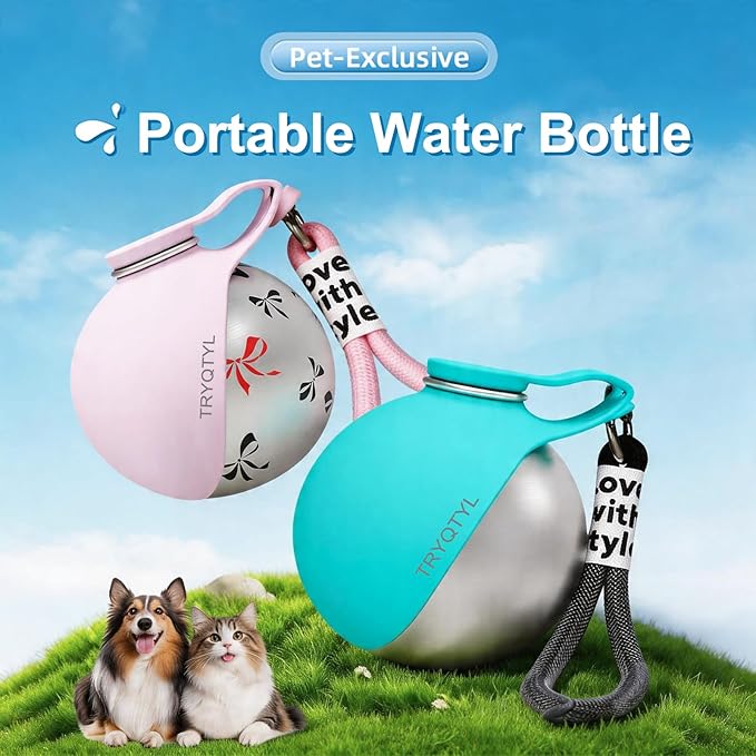 Dog Water Bottle, 10oz Stainless Steel Portable Dog Water Bottle with Foldable Silicone Bowl, 2-in-1 Portable Dog Water Bowl for Water & Food, Water Dispenser for Dogs Walking (Pink Printed)