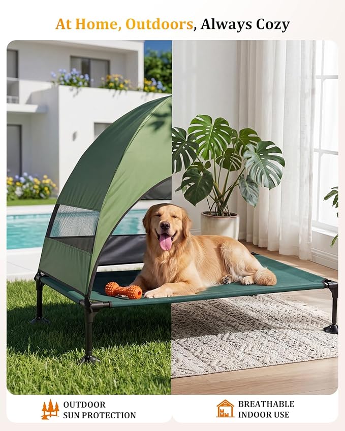 Elevated Outdoor Dog Bed with Canopy, Raised Dog Cot with Stable Adjustable Feet, Dog Camping Bed with Larger Shade, Lifted Dog Tent Bed with Canopy for Outside (Green, Large)