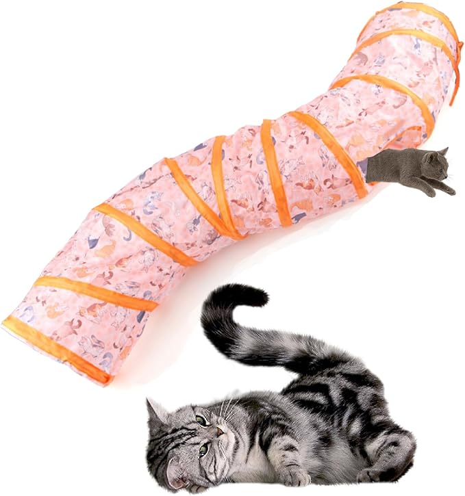 Collapsible S-Shape Cat Tunnel with Play Ball, Interactive Maze Hideaway Toy for Indoor Kittens, Puppies & Rabbits, Fun Kitten Pattern Pet Activity Tunnel