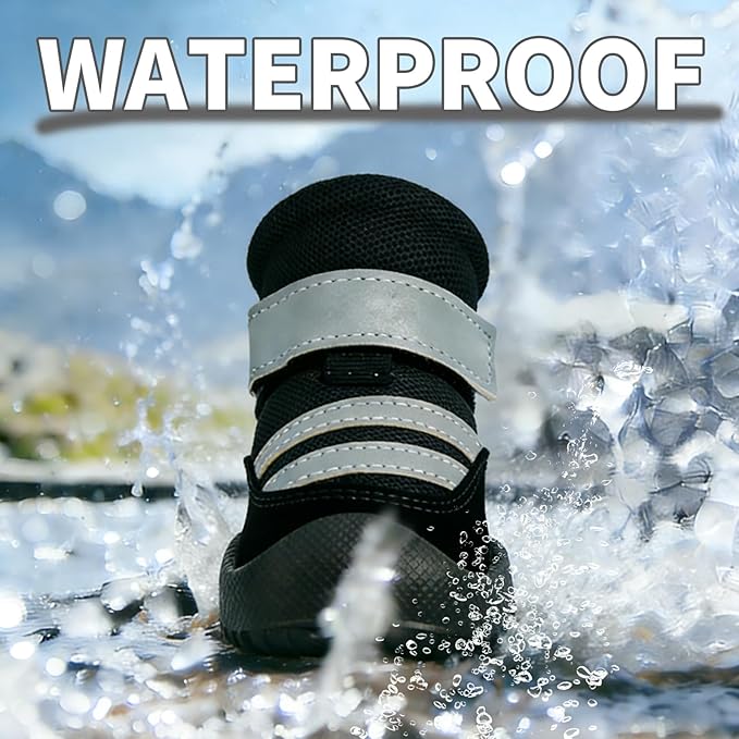 Dog Boots, Waterproof Dog Shoes with Reflective Straps, Rugged Anti-Slip Sole Paw Protectors for Medium Large Dogs, Breathable Pet Booties for Hot Pavement, Snow, Hiking, 4Pcs