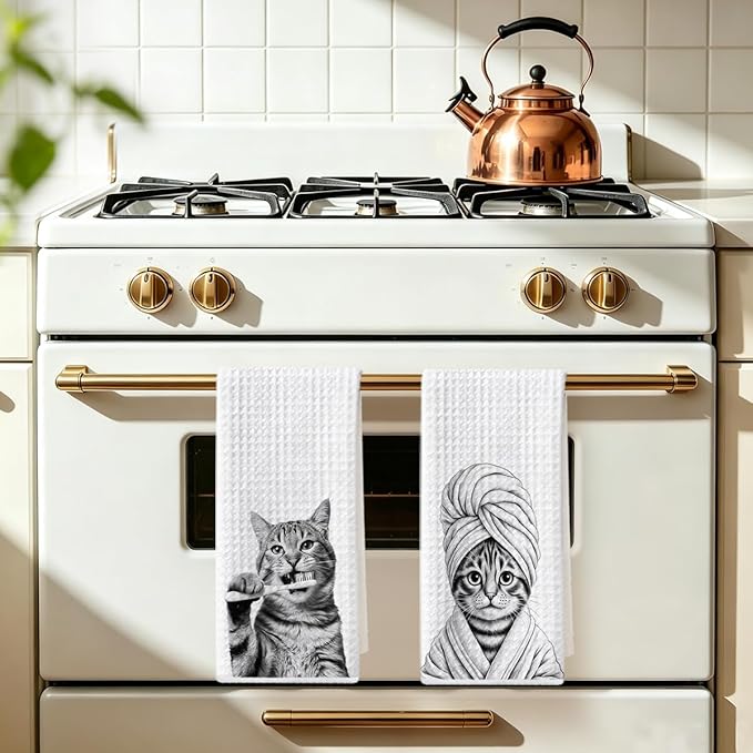 Hanamiya Na 2 Pcs Cute Cat Gifts Hand Towels 24x14 Inch, Funny Cats Gift Reusable Dish Towels for Kitchen Decor, Waffle Weave Absorbent Hand Cloth Tea Towel, Cat Lover Gifts for Women Mom Friend