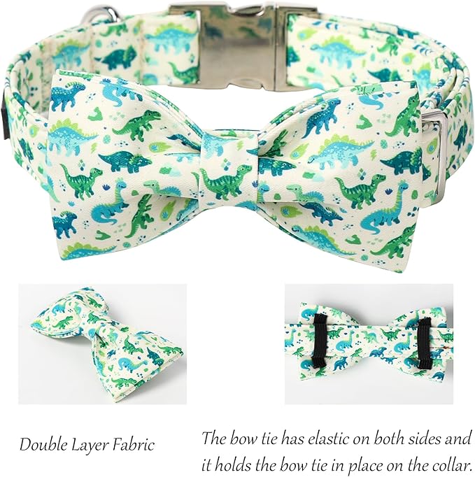 Lionet Paws Dinosaur Dog Collar with Bowtie, Cute Summer Beige Dog Collar for Girl for Large Dogs, Adjustable Cotton Pet Collars for Medium Large Dogs