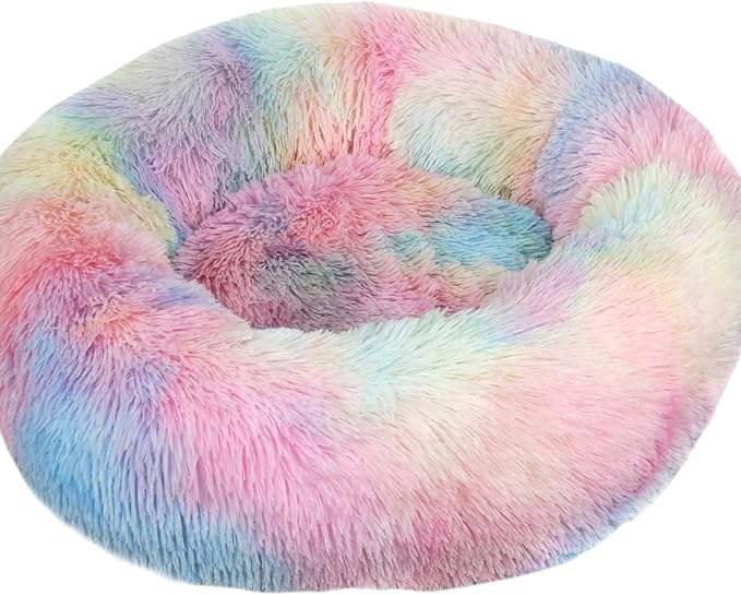 Small Dog Bed for Small Dogs, Washable Donut Cat Beds for Indoor Cats, Ultra-Soft Plush Calming Bed for Kittens & Puppies Up to 6.6lbs, Anti-Slip Bottom, Rainbow,13",Shag Faux Fur