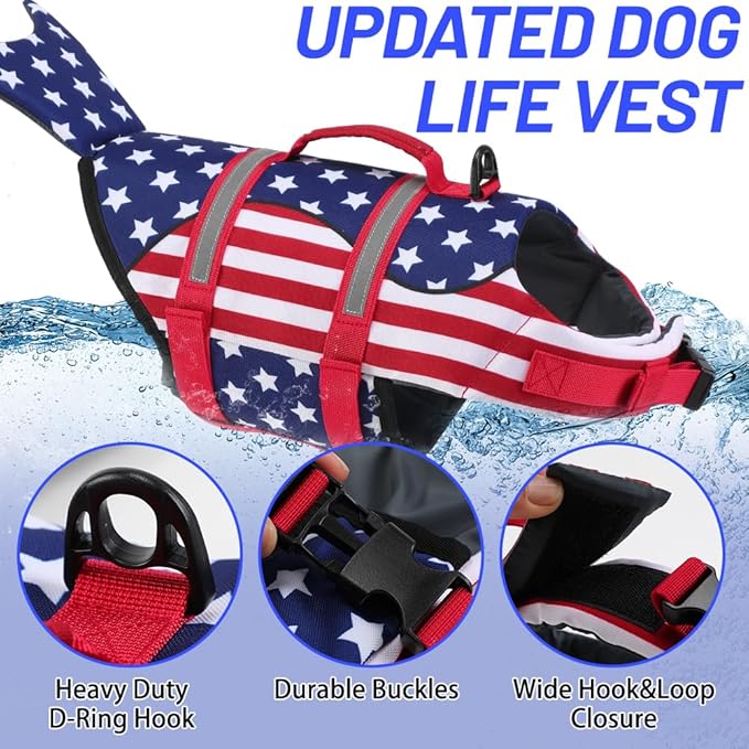EMUST Dog Life Vest for Boating, Adjustable Ripstop Large Dog Life Jacket Vest with Rescue Handle for Pool Beach Boating (L, MermaidStar)