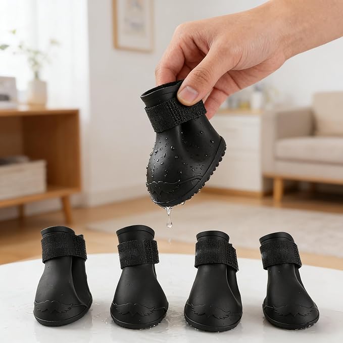 Yctze 4pcs Silicone Protective Dog Boots, Antislip Snow Shoes for Small Dogs, Ideal for French, Cute Pet Rain Wellies (L Black)