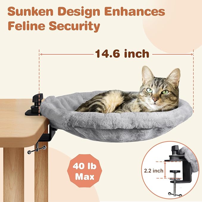 2-in-1 Cat Desk Bed (Vertical & Horizontal Clamp), Space-Saving Cats Bed for Desk Includes 2 Covers (Winter Plush + Summer Mesh), Sturdy Cat Desk Hammock for Indoor Cats, Holds up to 40 lb
