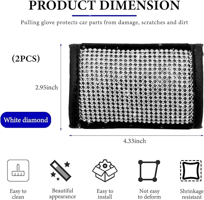 Wevdn 2 PCS Car Grab Handle Cover, Bling Rhinestone Handcraft Auto Door Handle Protector, Soft PU Leather Seat Belt Covers for Women Girls, Interior Accessories for Most Cars (White)