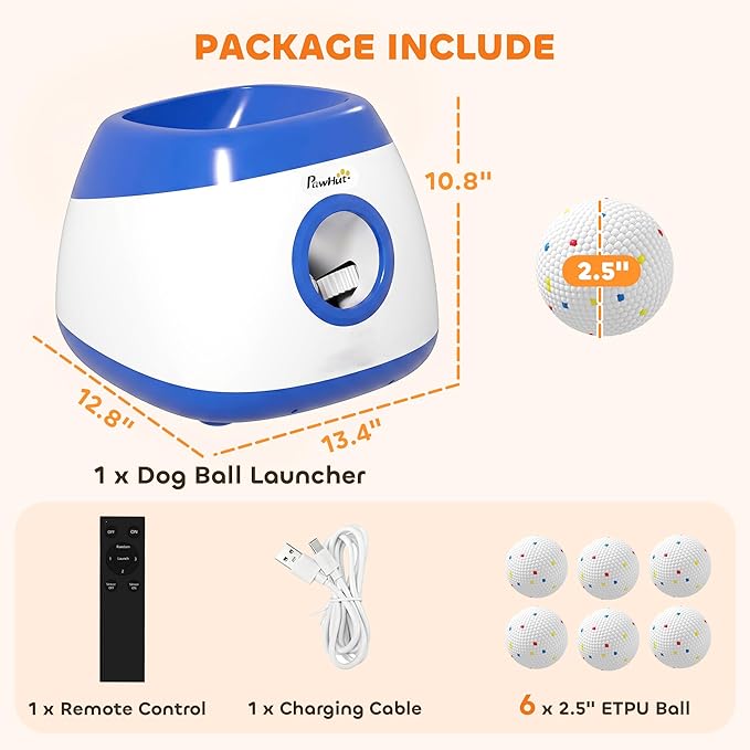 PawHut Automatic Dog Ball Launcher, Rechargeable Dog Ball Thrower with Remote Control, 3 Adjustable Distance (39ft/59ft/78ft), 6 ETPU Tennis Fetch Toys 2.5", for Medium Large Breeds, Blue