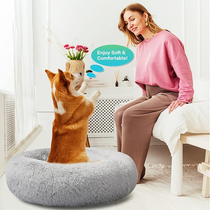 SAVFOX 23 inches Calming Donut Dog Bed - 3X Durable Plush Faux Fur, Machine Washable & Non-Slip, Fits up to 25 lbs, Light Grey