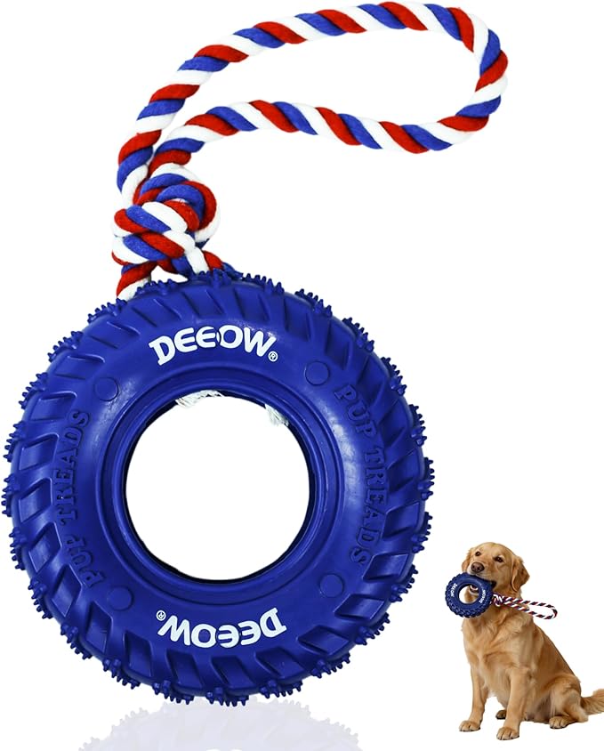 Deeow Dog Tire Toy-2026 Upgraded, Treat Dispensing Chew Toy for Teething Clean & Dental Care, Natural Rubber Enrichment Dog Toys for Boredom Relieve, Interactive Tug-of-War Slow Feeder Pet Toys-Blue