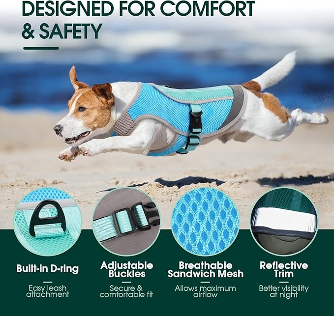 Kuoser Dog Cooling Vest for Summer, Lightweight Dog Cooling Harness Shirt with Breathable Mesh, Reflective Cooler Jacket Pet Cool Vest for Small Medium Large Dogs, Hot Weather, Beach, Hiking, Walking