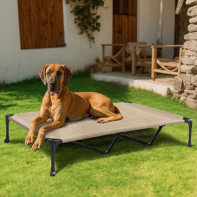 Veehoo Outdoor Elevated Dog Bed Large Sized Dogs, XXL Cooling Raised Dog Cots Beds Training Platform Off Ground Hammock with Breathable Mesh, No-Slip Feet, 59"x37.5", Beige Coffee