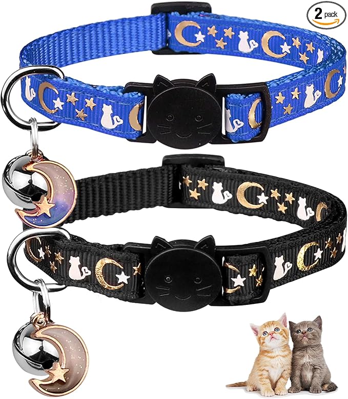 Baeuppit 2PCS Breakaway Cat Collars with Bell Moons Stars Cute Kitty Adjustable Safe Kitten Collars with Pendant Glow in The Dark(Black&Blue)