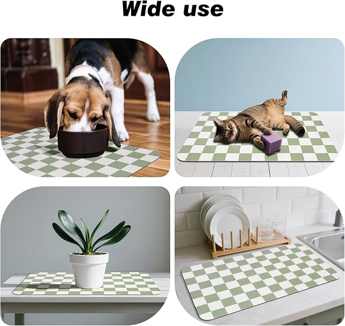 CooRug Checkered Dog Food Mat, Absorbent Leak-Proof Pet Feeding Mat, Quick Dry Cat Food Mat for Messy Drinkers 17" x 32" Green