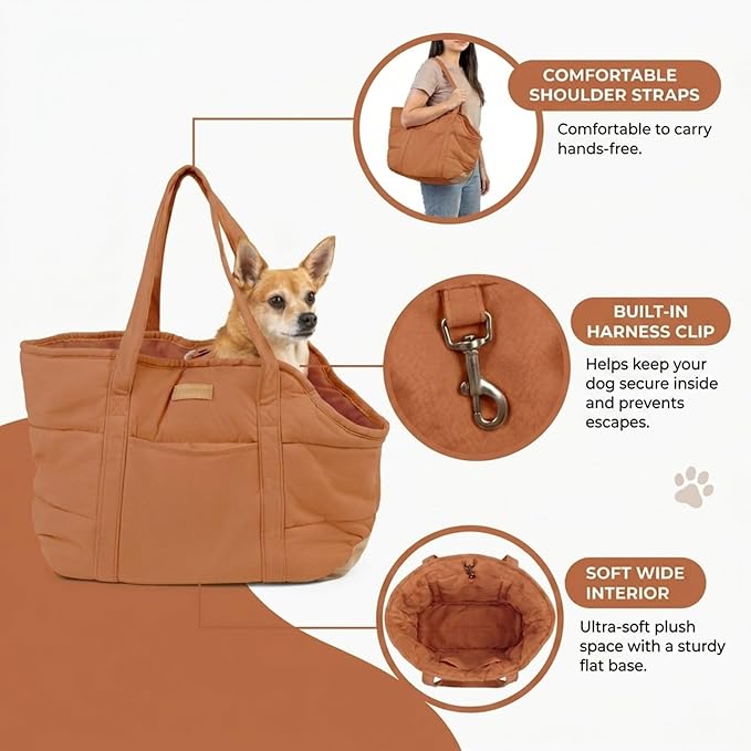 Plush Dog Purse Carrier for Small Dogs, Soft Dog Tote Bag with Safety Harness Clip, Cozy Pet Carrier for Dogs Under 15 lbs, Comfortable Dog Shoulder Carrier for Travel, Brown